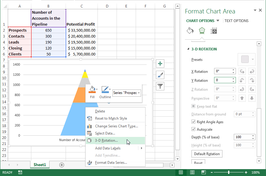 How to Create an Excel Funnel Chart - 3D Rotation 2013