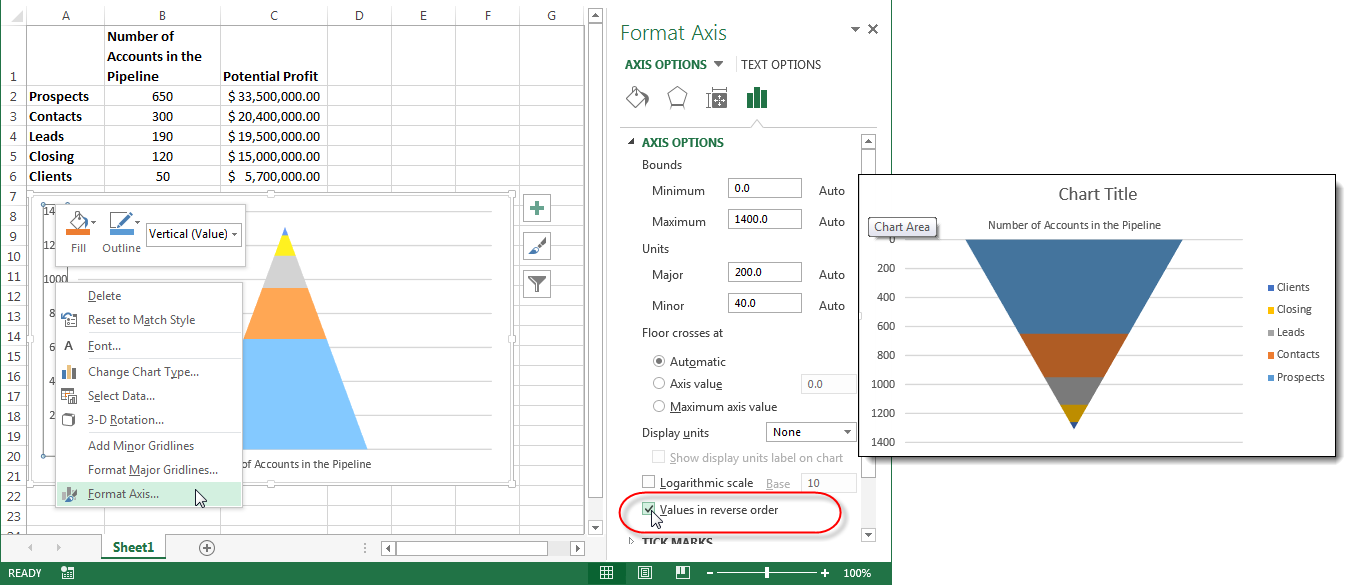 How to Create an Excel Funnel Chart - Values in Reverse Order 2013