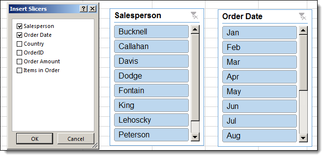 How to Use Slicers in Excel 2013 - Insert Slicer Dialog box