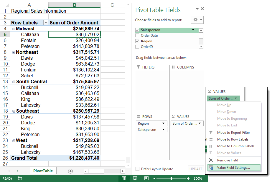 How to Show Percentage of Total in an Excel PivotTable - Value Field Settings