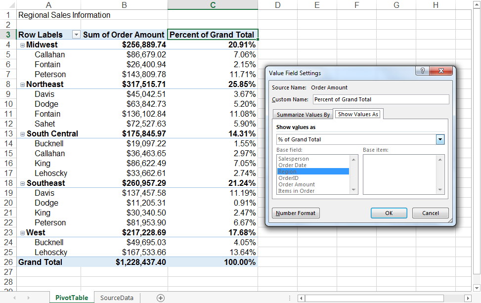 How to Show Percentage of Total in an Excel PivotTable - % of Grand Total