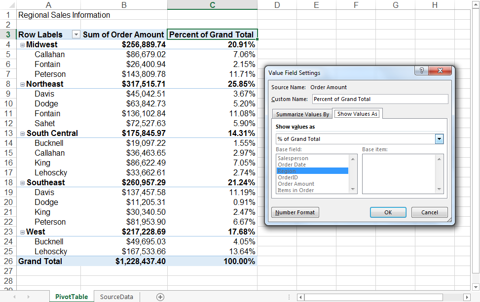 The Pivot Table And Percentage Of Total Calculations Pryor Learning