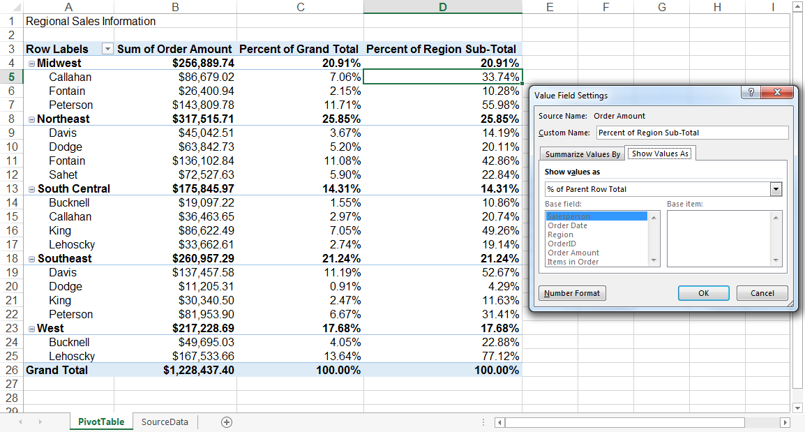 How to Show Percentage of Total in an Excel PivotTable - % of Parent Row Total