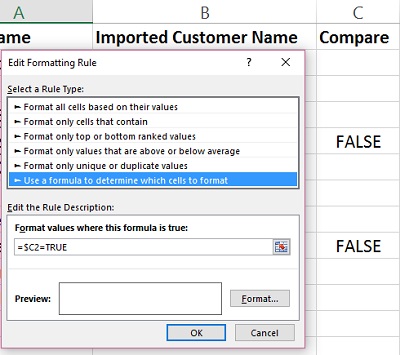 Compare Columns in Excel Conditional Format